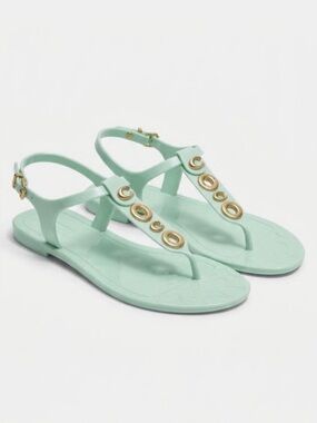 COACH Phila Mint Green Jelly Thong Sandals with Gold Turnlock Accents - Size 9B